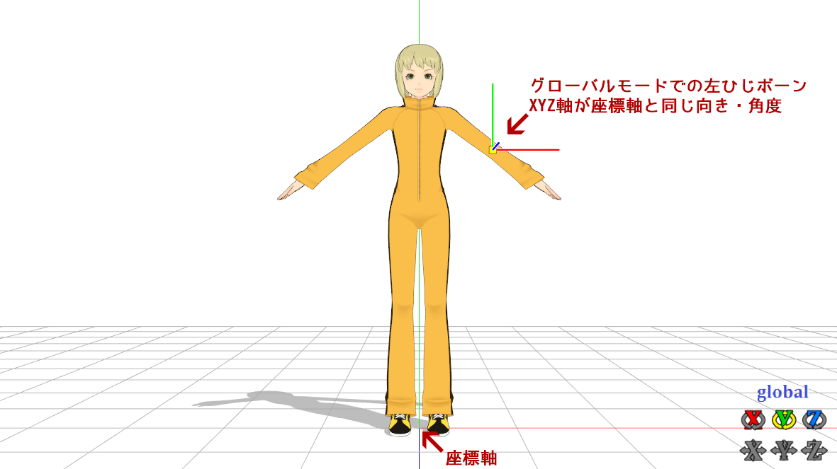 グローバルモードでの左ひじボーン